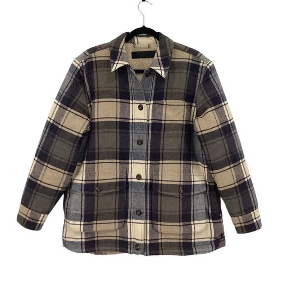 Jenni Kayne Shearling Farmhouse Jacket Wool Plaid Navy XL – Rare Sold Out - Picture 2 of 13